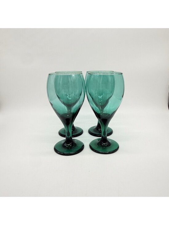 Libbey Other - Vintage Set Of 4 Libbey Glass Juniper Green Teardrop Water Wine Goblets Gold Rim